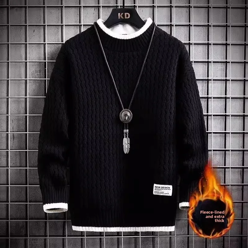 

Мужской вязаный свитер большого размера, осенне-зимний, теплый, однотонный, повседневный, из полиэфирного волокна, базовый слой