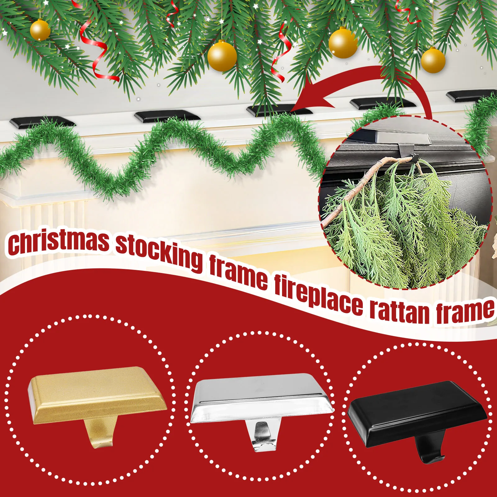 

Christmas Metal Stocking Holder 2 Pieces 5kg Capacity Festive Holiday Fireplace Rattan Frame Decor Christmas Party Decor