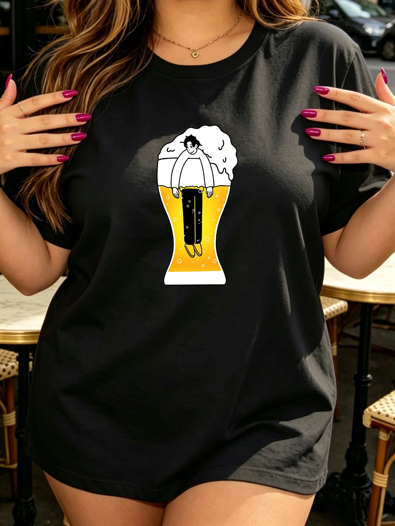 Women Crew Neck Tee Man In Beer Glass Graphic Print Short Sleeve Loose Ladies Summer Soft Cotton Plus Size Casual Street Top