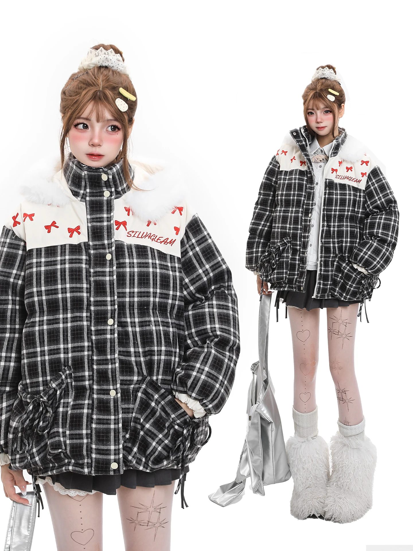 Korean Style Sweet School Uniform Patterned Hooded Cotton Jacket Women's Winter New Thickened Warm Loose Cotton Coat