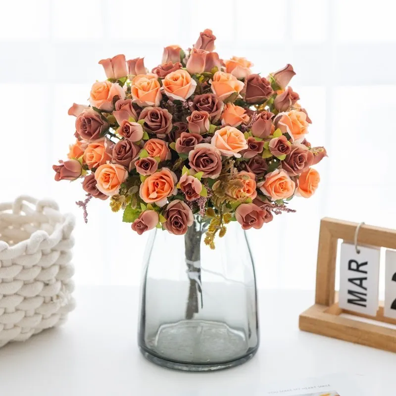 5 Gabeln, 15 Köpfe, künstliche Seidenblumen, Rose, Hochzeit, Brautstrauß, Festival-Dekoration, Zuhause, Raumarrangement, Blumenzubehör – Detail 4