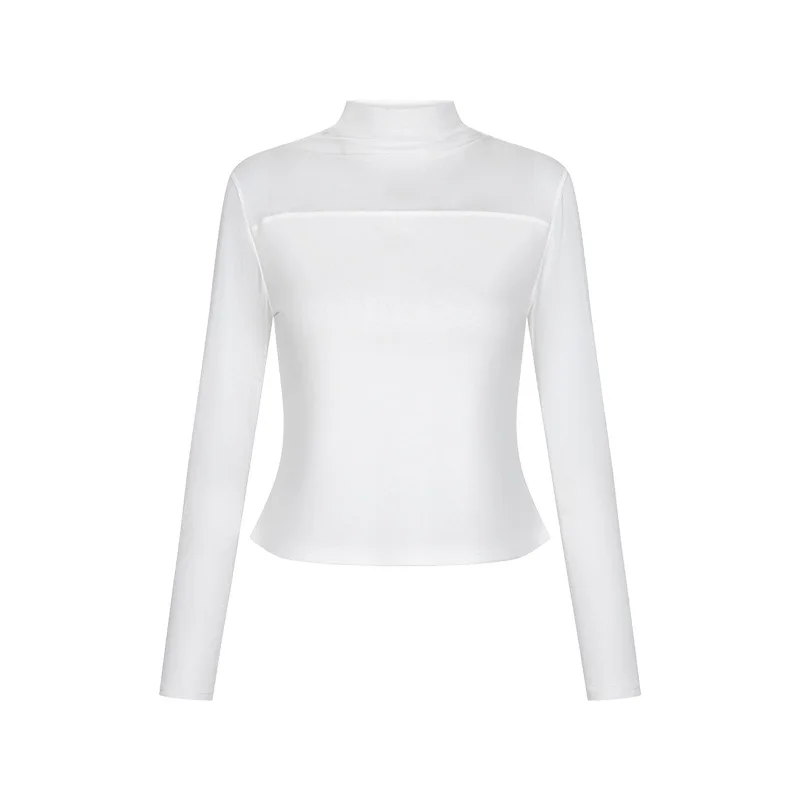 Women’s Black Sheer Mesh Mock Neck Top Double Layer Slim Fit Long Sleeve T Shirt Stretchy See Through Layering Blouse view 6