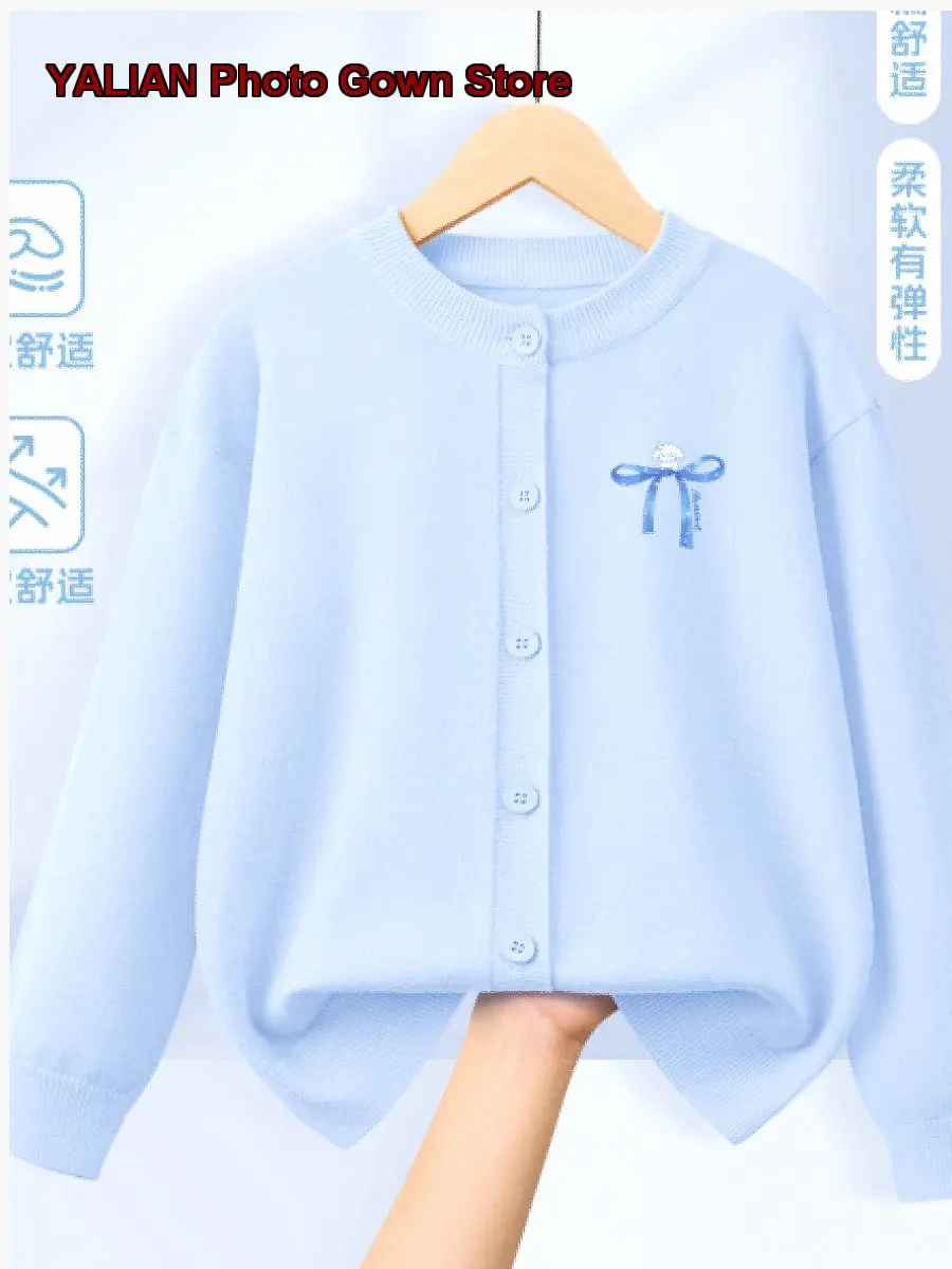 Tangshi Girls Cardigan Kids Spring Autumn Acrylic Knit Top Thin Blue Jacket Older Girls Older Kids
