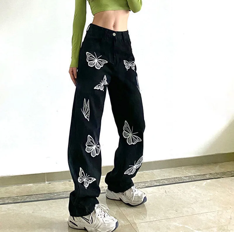 2026 Summer New Butterfly Print Women's Jeans Fashion Casual Retro Slim Loose Long Straight Pants Women's Trend pants y2k