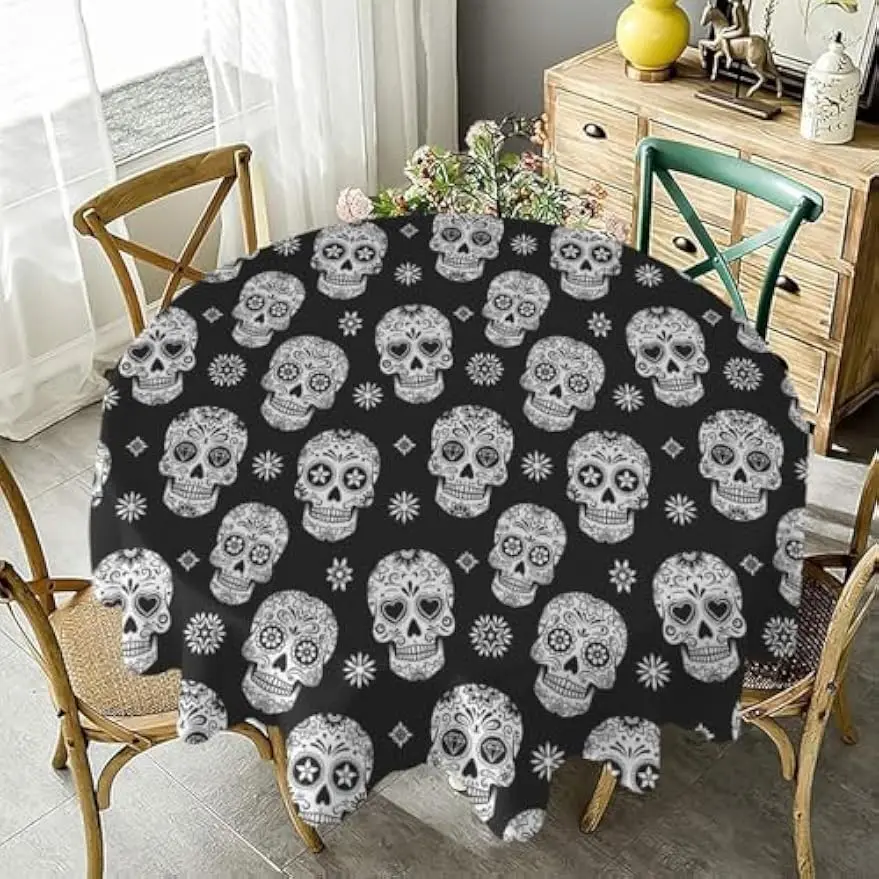 Fabric Round Tablecloth Compatible with Mexican Dead Sugar Skull Head Pattern Halloween Black Table Cover for Restaurant