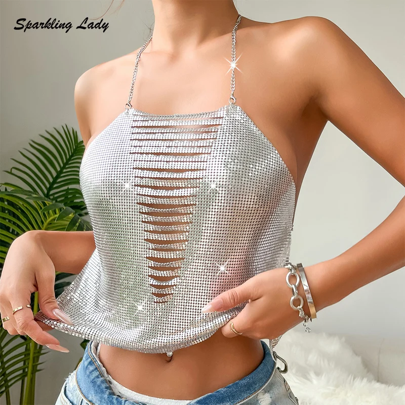 Sexy Silver Chainmail Metal Sequin Crop Top Women Glamorous Hollow Chain Halter Backless Tank Tops for Fashion Events