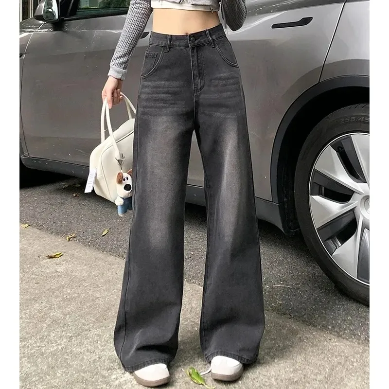 Casual High Waist Jeans Denim Loose Fit Personality Vintage Black Gray Straight Leg Wide Leg Trousers Women Women's Pants
