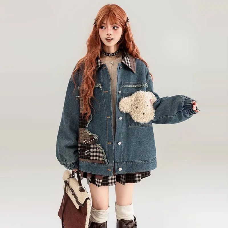 Prawdziwe zdjęcia 2025 Wczesna Jesień Amerykańska Kurtka Jeansowa Vintage Damska, Designerski Patchwork Kolorowy - Blokowy, Luźny Casualowy Płaszcz Wyszczuplający, F