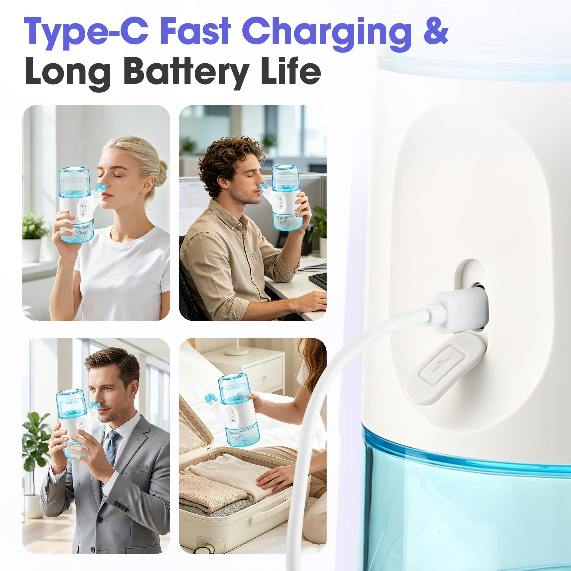 Electric Nasal Irrigator 300ml Dual Tank, 2 Pressure Modes, 360° Nozzle, IPX7 Waterproof, USB-C Rechargeable Sinus Rinse Kit