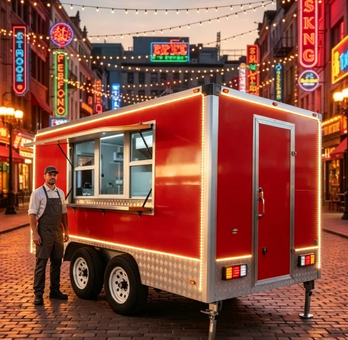 Towable Pizza Food Trailer Stainless Steel Fully Equipped Baking Serving Window Outdoor Street Restaurant Mobile Catering Unit