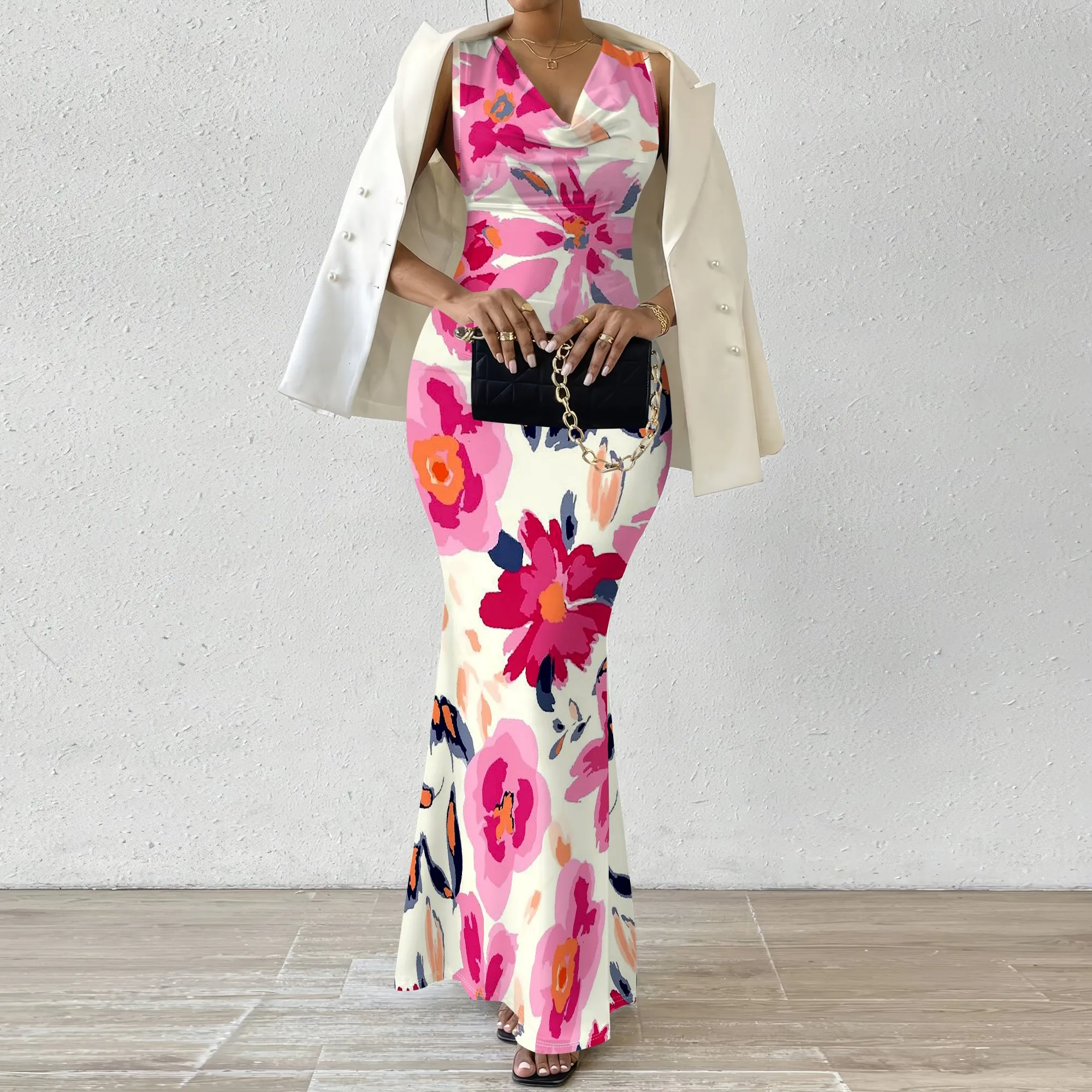 

Women's Floral Maxi Dress Boho V-Neck Sleeveless Bodycon Mermaid Dress for Evening Party Wedding Guest XS-2XL