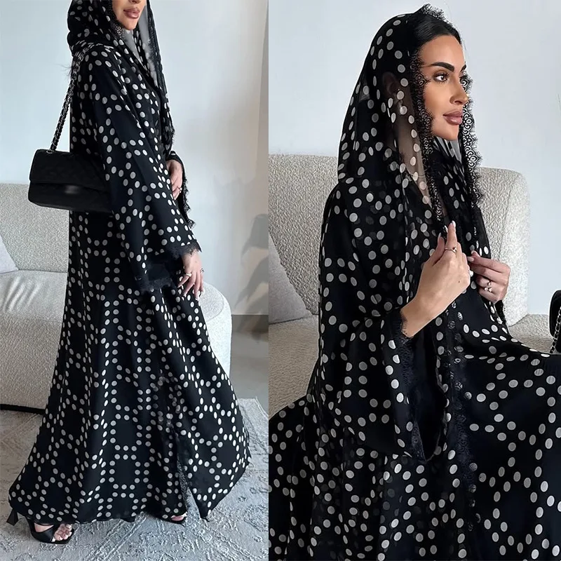 

2-Piece Polka Dot Modest Abaya Set - Lace Trim Open Front V-Neck with Hijab, Lightweight Flowy Robe