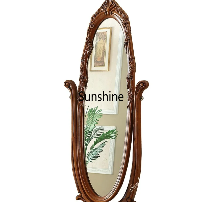 American full-length mirror, all solid wood can be rotated, retro carving etiquette, home use