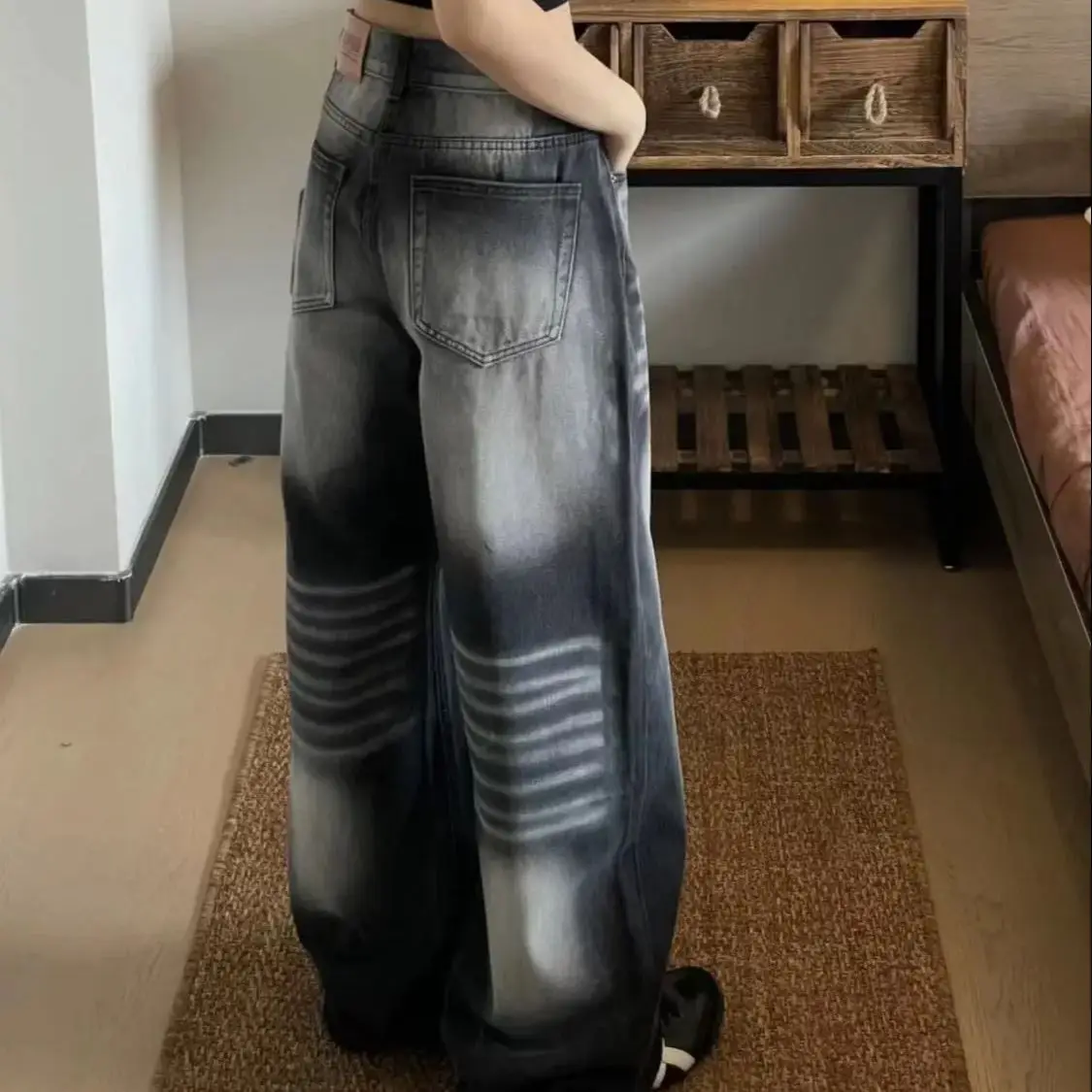 Korean Version Of Wide-Leg Jeans With Old White Design For Women Fashion Vintage Jean Straight High Waist Denim Trousers Casual