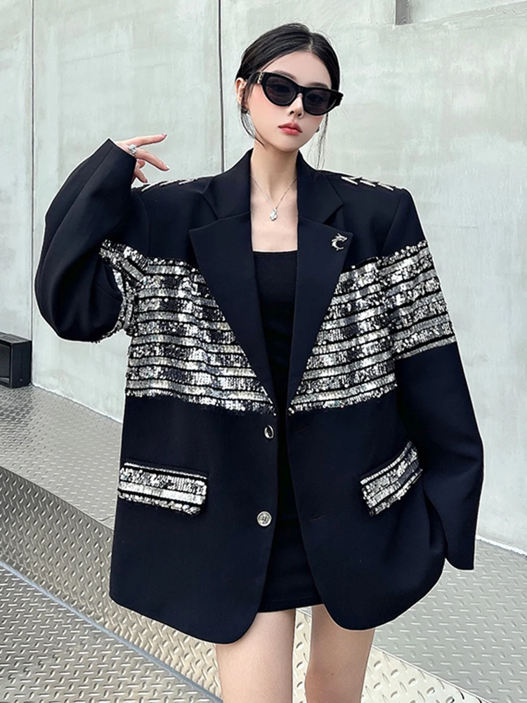 ZMEENNA Women Black Sequin Spliced Big Size Casual Blazer New Lapel Long Sleeve Fit Jacket Fashion Tide Spring Autumn 2024 ZM574