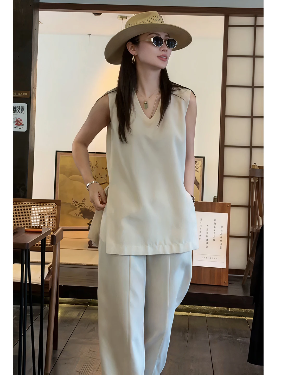 Summer Slimming Sleeveless Vest Set Women's High Waist Wide Leg Pants Two Piece Suite Casual Commute Fashion Trend Minimalist