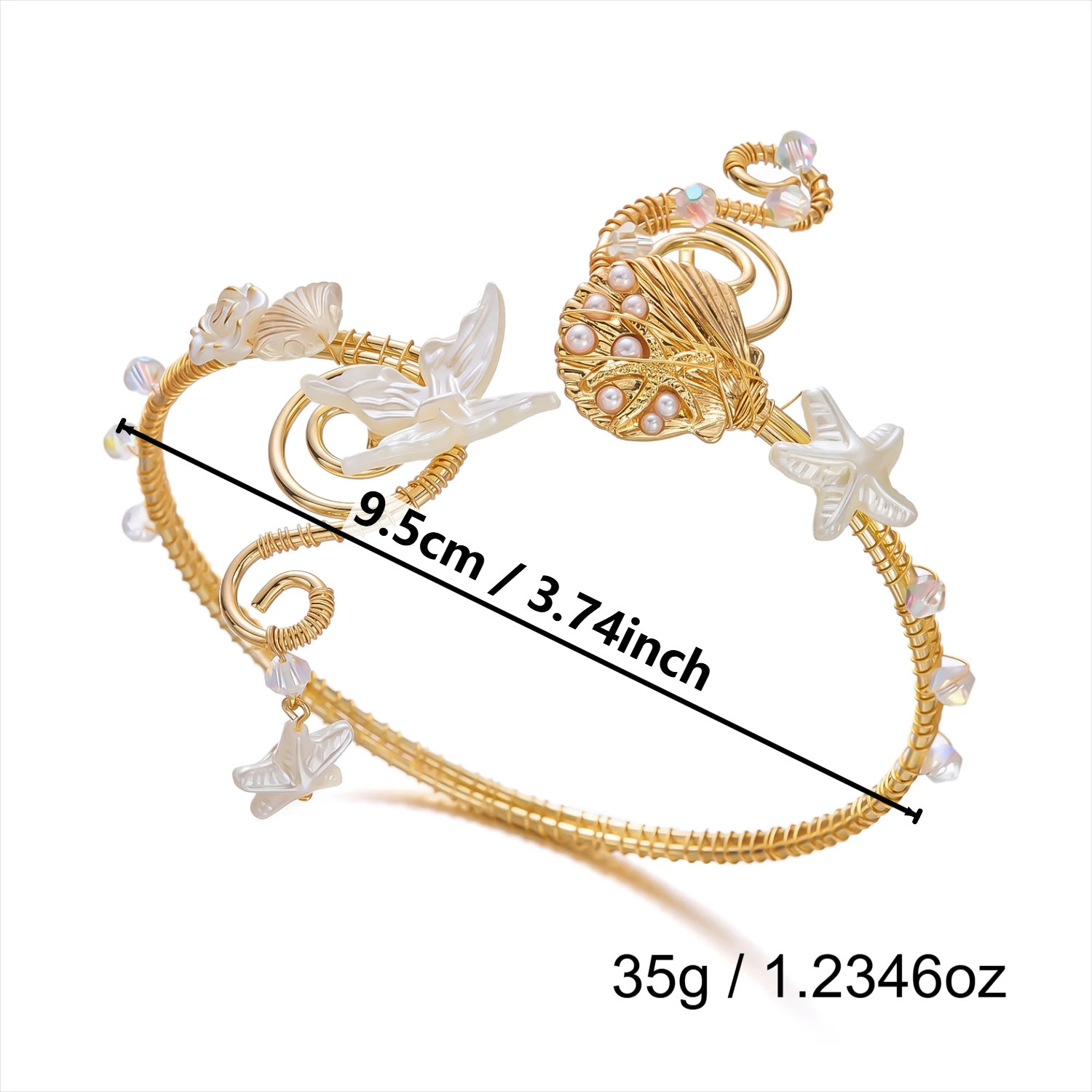 Elegante goldfarbene, drahtumwickelte Oberarmmanschette für Damen, romantische rosa Iris-Blumen-Armreif, Strandparty-Schmuck – Detail 8