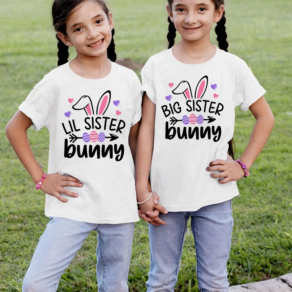 

Big Sister Little Sister Bunny Printed Kids Shirt Easter Party Children Outfits Tops Boys Girls Short Sleeve T-shirt Sibling Tee