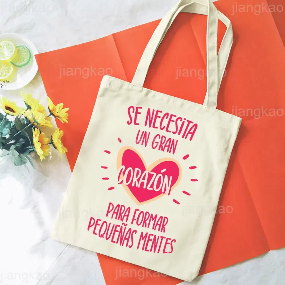 It\'s Takes A Big Heart To Shape Little Minds Spanish Print Shoulder Bag Female Shopping Tote Travel Handbag Bookbag Teacher Gift