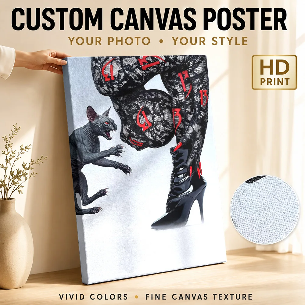 Gothic Fashion With Sphynx Cat Canvas Print Customized Photo Expressive Brushwork Wall Art For Reading Room, Fantasy Fan Gift