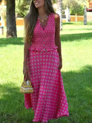 Conjunto de faldas largas estampadas 2025 para mujer, camiseta sin mangas con cordones, falda holgada de cintura alta, traje bohemio para vacaciones en la playa de verano