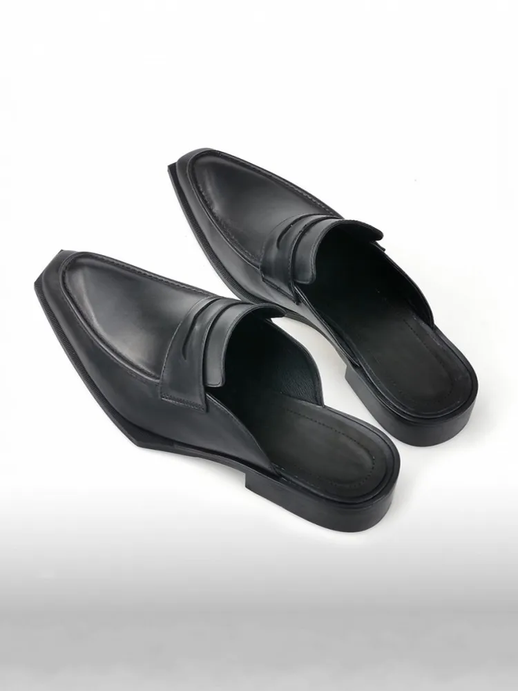 Summer 2025 New Retro Style Men Leisure Versatile Cowhide Breathable Close Toe Genuine Leather Matte Black Comfortable Slippers