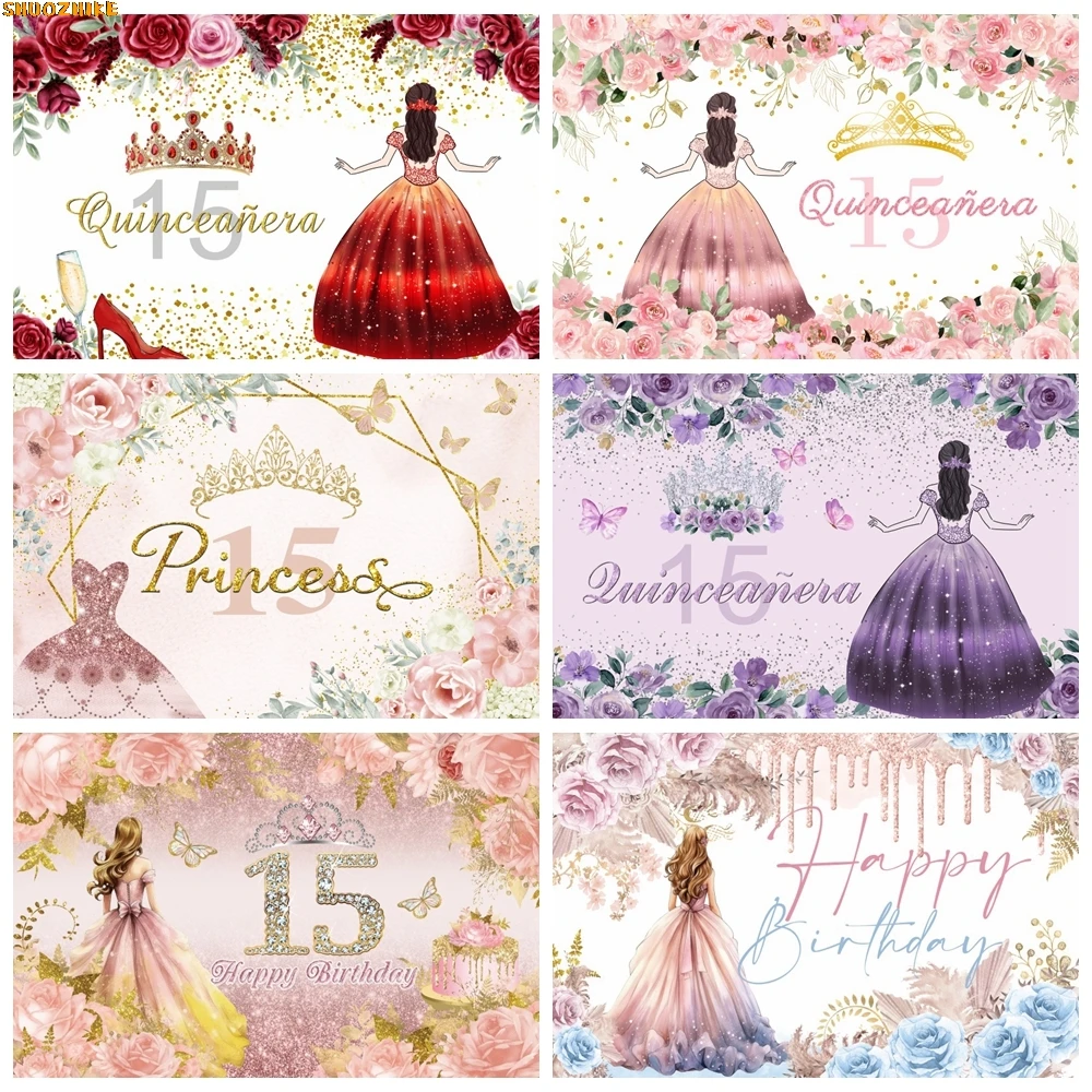 

Quinceanera Sweet 15 16th Princess Backdrop for Photography Birthday Party Girl Glitter Crown Flowers Dress Photo Background·