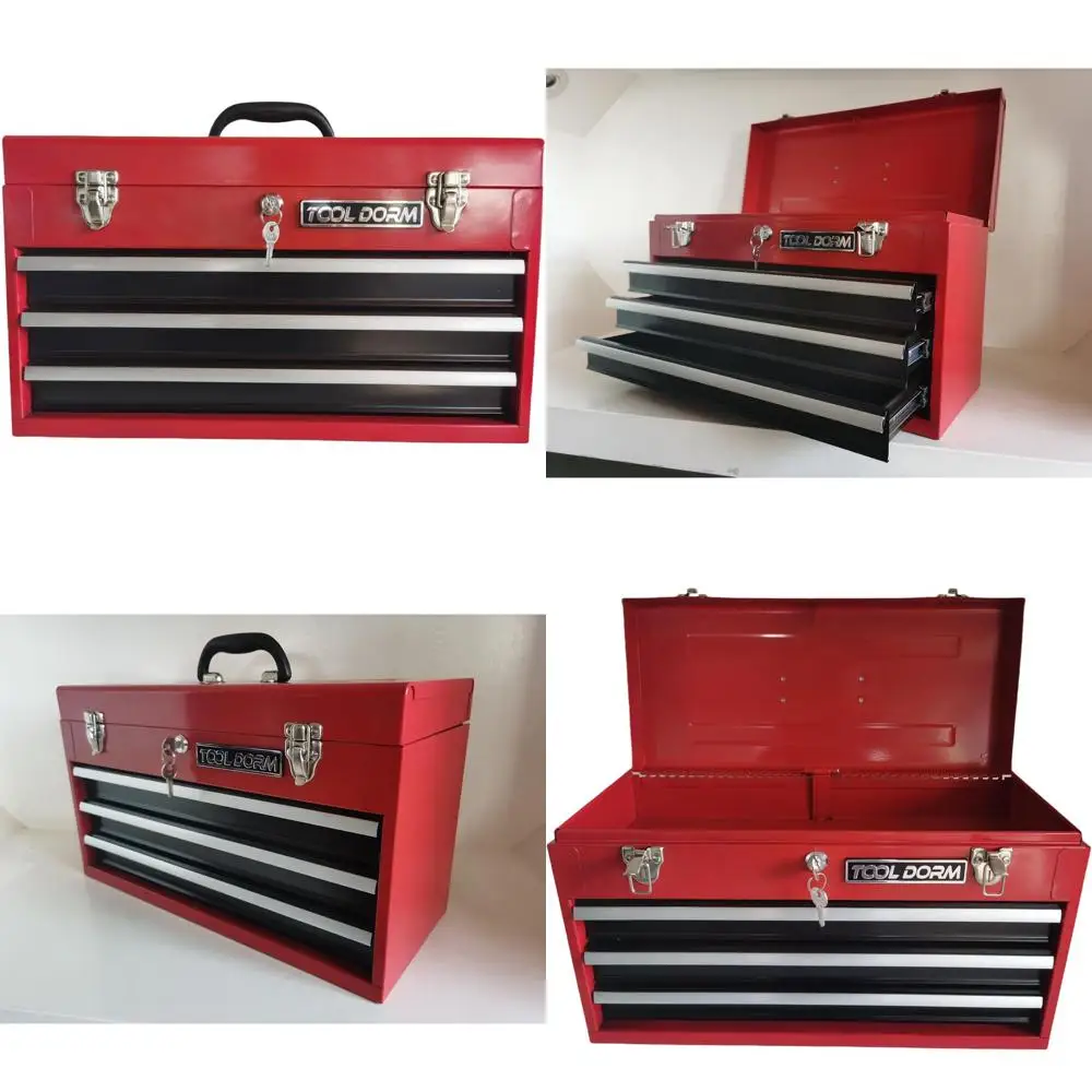 

Portable Steel Toolbox with Protective Liner, Closure, and Lock for Garage, Home, or Warehouse Use (Red & Black)