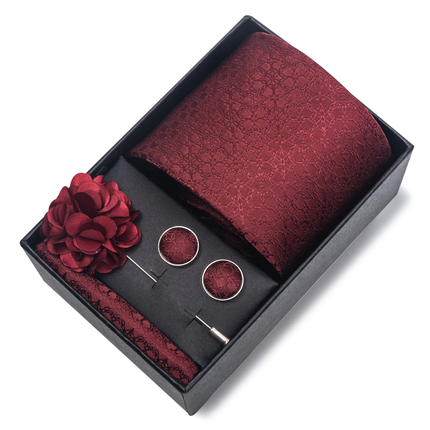 Luxury Brand 8 cm Wide Tie Sets Red Print Men's Necktie Handkerchief Cufflink Box Wedding Gift Silk Handmade