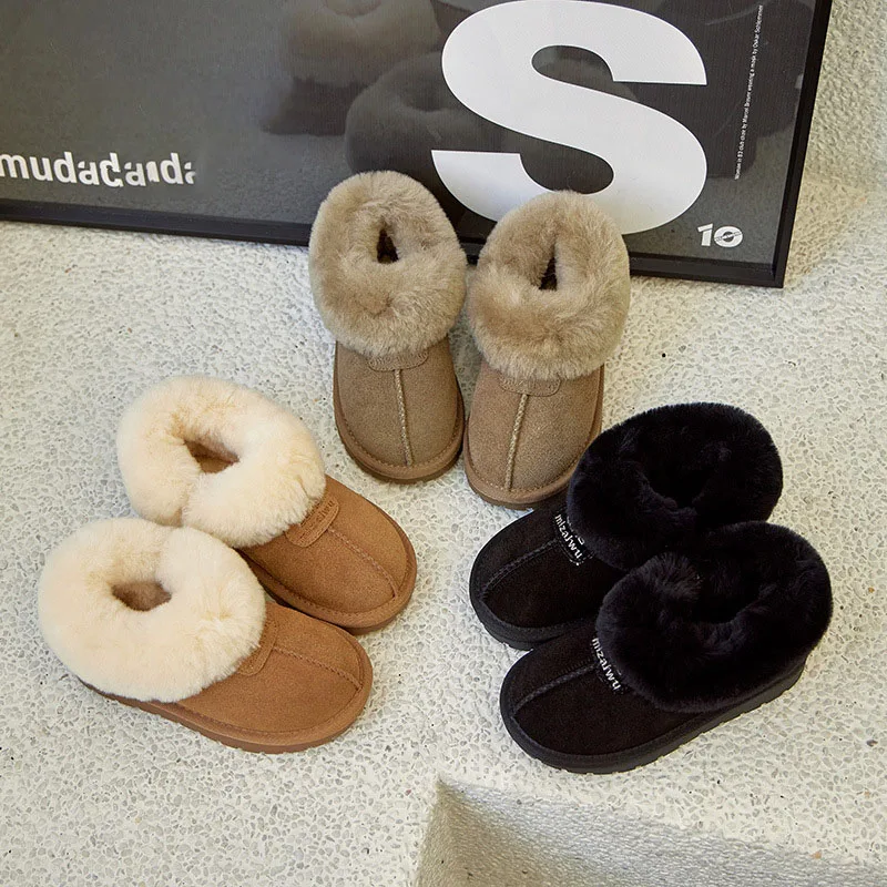 Children\'s Plush and Thick Lamb Fur Snow Boots Girls\' Low Top Side Zippered Cotton Shoes