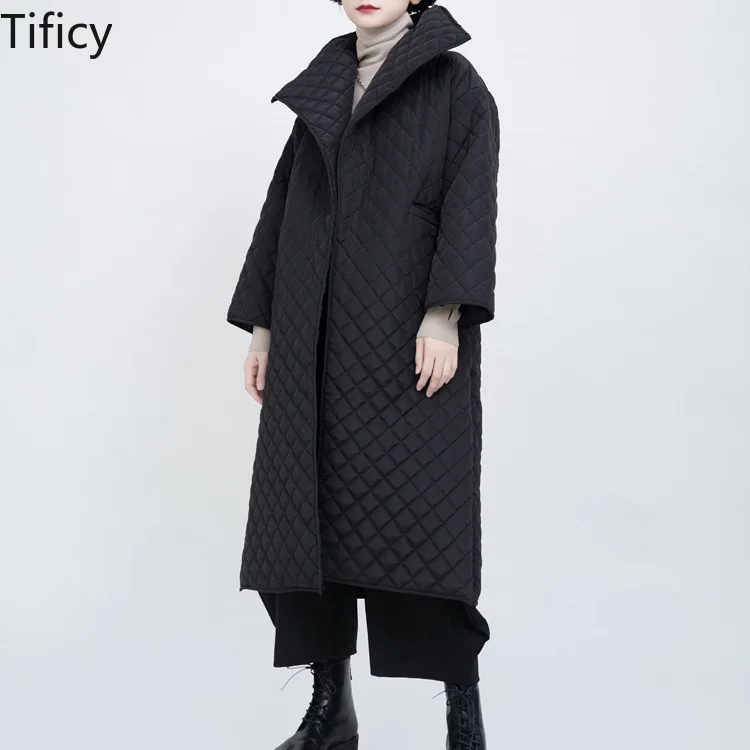 Tificy Spring and Winter Dark Turtleneck Rhombic Quilted Cotton with Open Side Slit Winter Coat Women's Cotton-padded Jacket