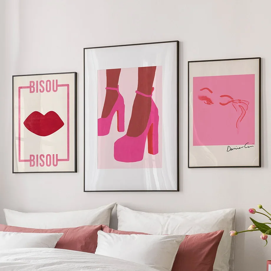 Fashion Pink Dress Girl Red Heart Kiss High Heel Watercolor Wall Art Living Room Decor Poster And Prints Canvas Painting Picture