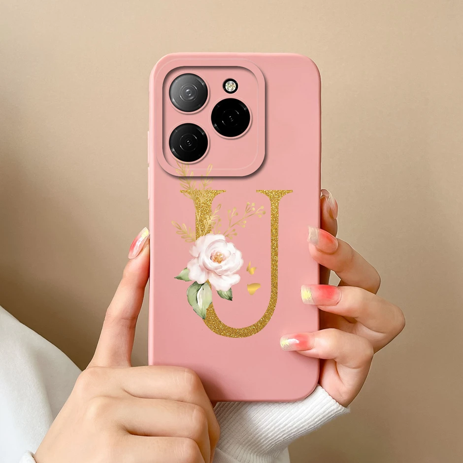 Case For Tecno Spark 20 Pro 4G 5G Art Flower 26 Letters Liquid Silicone Soft Shockproof Cover For TecnoSpark 20Pro 4G 5G Fandas