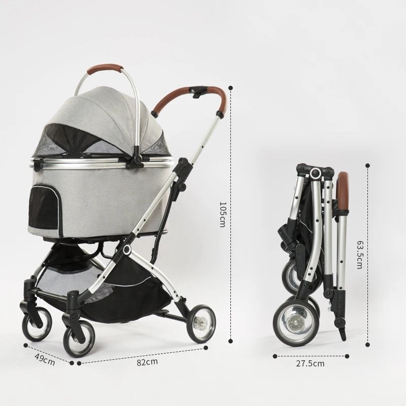 Fashion Pet Trolley Sleeping Basket Removable Stroller for Small Dog & Cat Aluminum  Tube Pet Stroller Gray