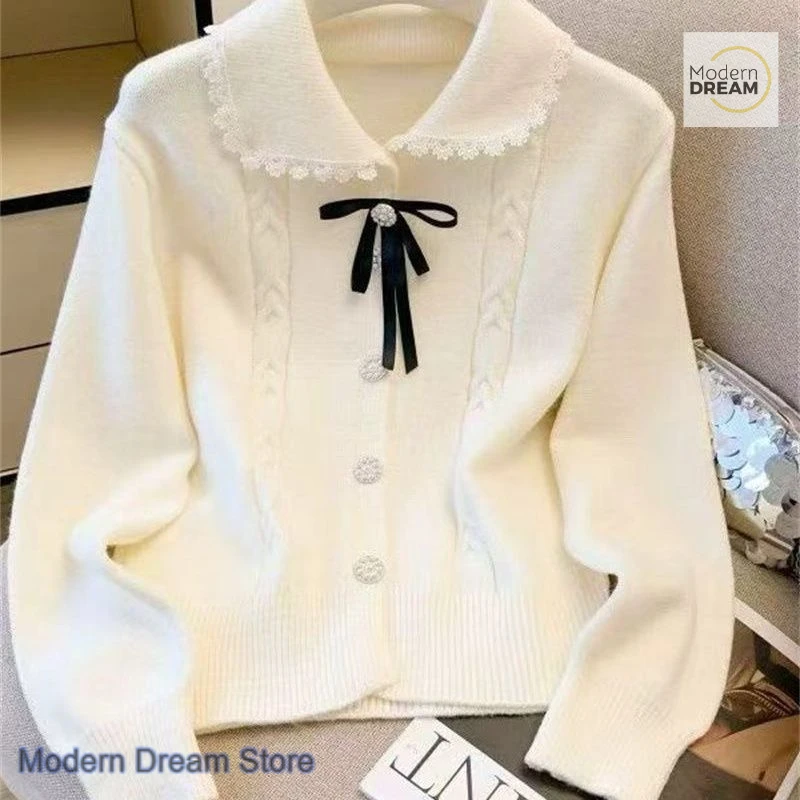 French style sweet and lovely gray sweater doll collar cardigan women's autumn and winter new long-sleeved lace bow casual top 2