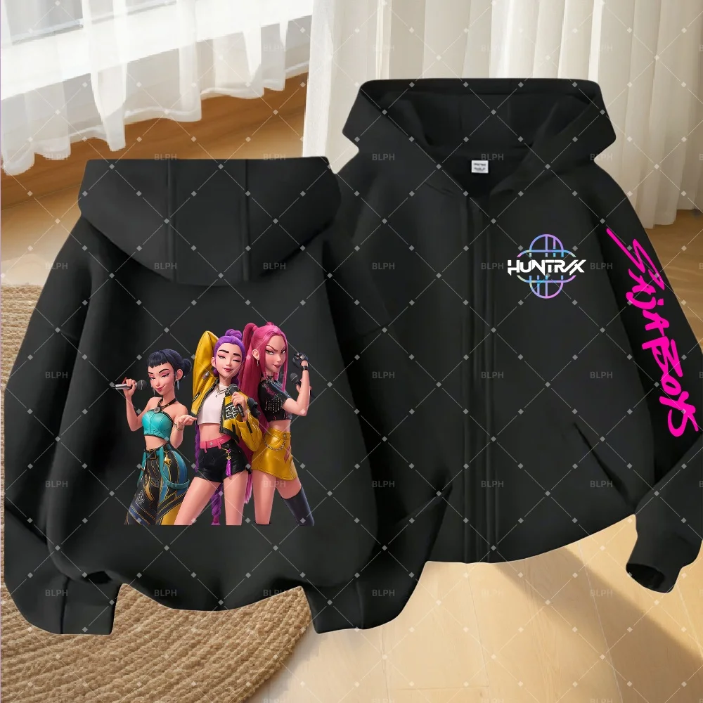 

Cute Kids Zipper Hoodie with Huntrix KPop Demon Hunters Cartoon Print, Fashionable and Comfortable for Girls, Ideal for Casual