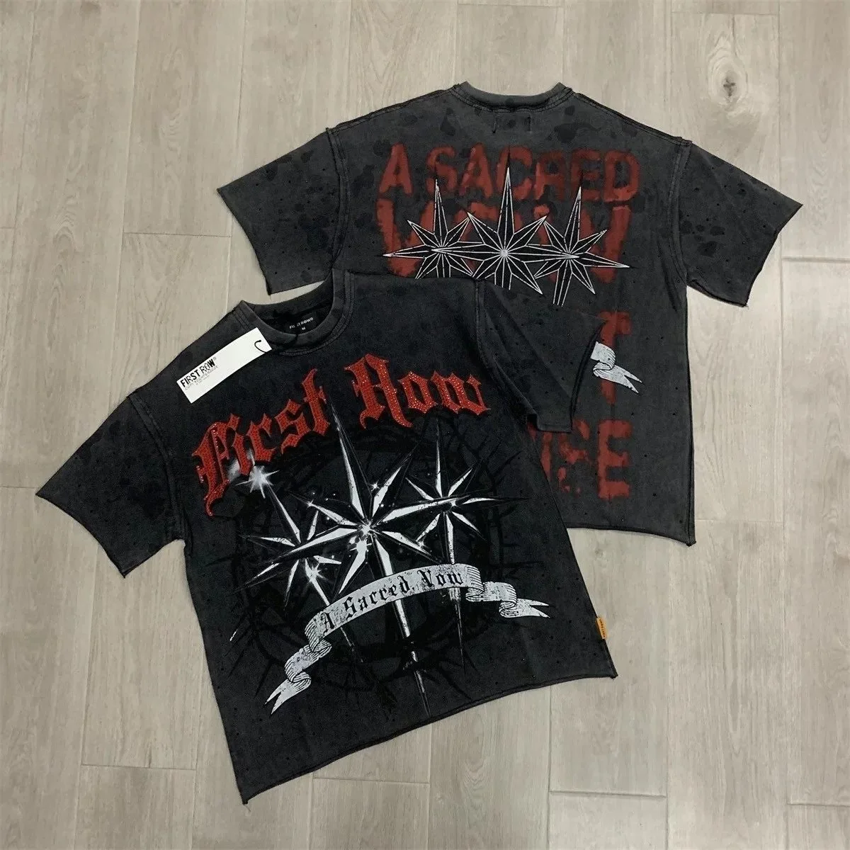 First Row Retro Street-Dwelling Beaded Letter Print Short-Sleeved T-Shirt - Loose-Fitting Retro-Style Weathered Casual Shirt