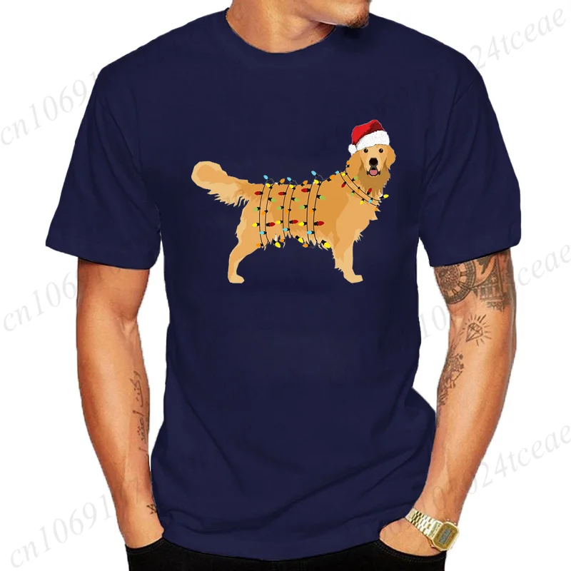 Men's Trendy Graphic Print T-Shirt Christmas Lights Golden Shirt Golden Retriever T-shirt Christmas Animal Shirt Pet Owner Tees