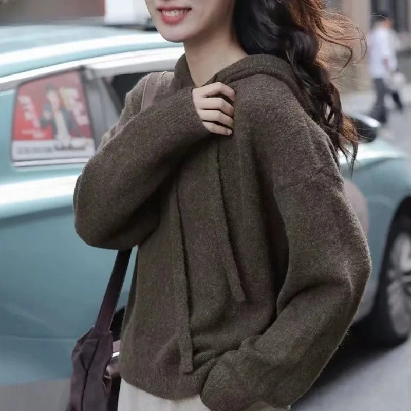 

Long Sleeve Pure Color Knitwear Coat Gray Hooded Knitted Sweater Women's Loose Lazy Style Autumn Winter Outerwear Ultra