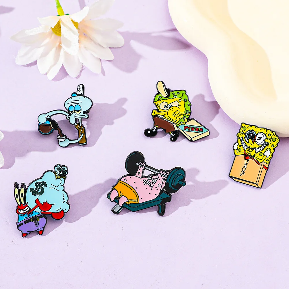 Bob Esponja Calça Quadrada Esmalte Pins para Mulheres, Tentáculos Lula Molusco, Emblemas, Desenhos Animados, Patrick Star, Anime, Jóias, Acessórios