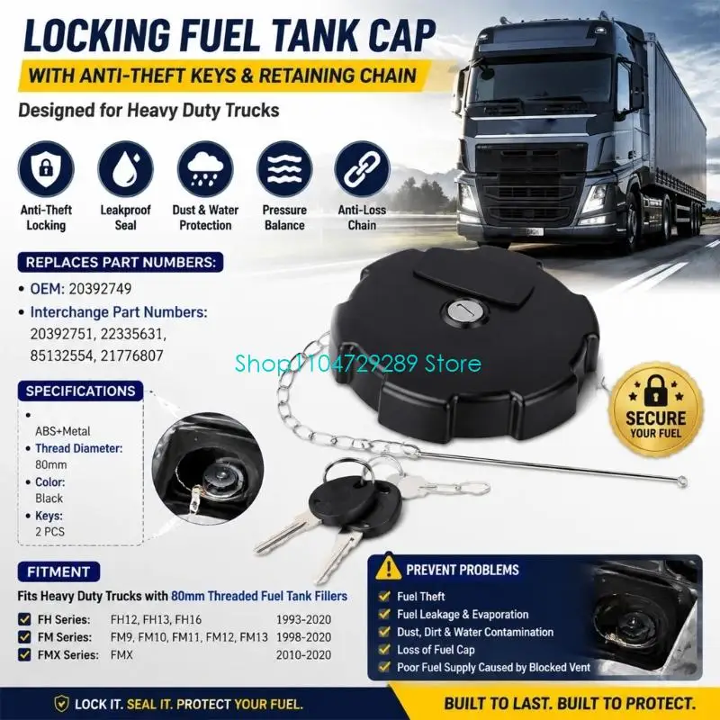 D8KE Cap with Key-Operated Lock and Retaining Chain, Replaces 20392749, 20392751, 22335631, 85132554, and 21776807 Truck Parts