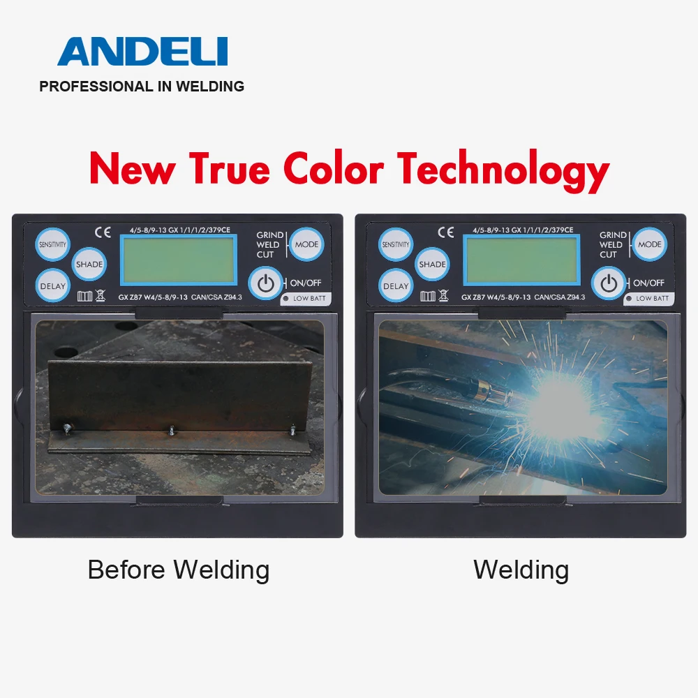 ANDELI قناع لحام كبير للعرض لون حقيقي 4 مستشعر قوس خوذة لحام سواد تلقائي 1/1/1/2 لـ TIG MIG ARC طحن البلازما #2