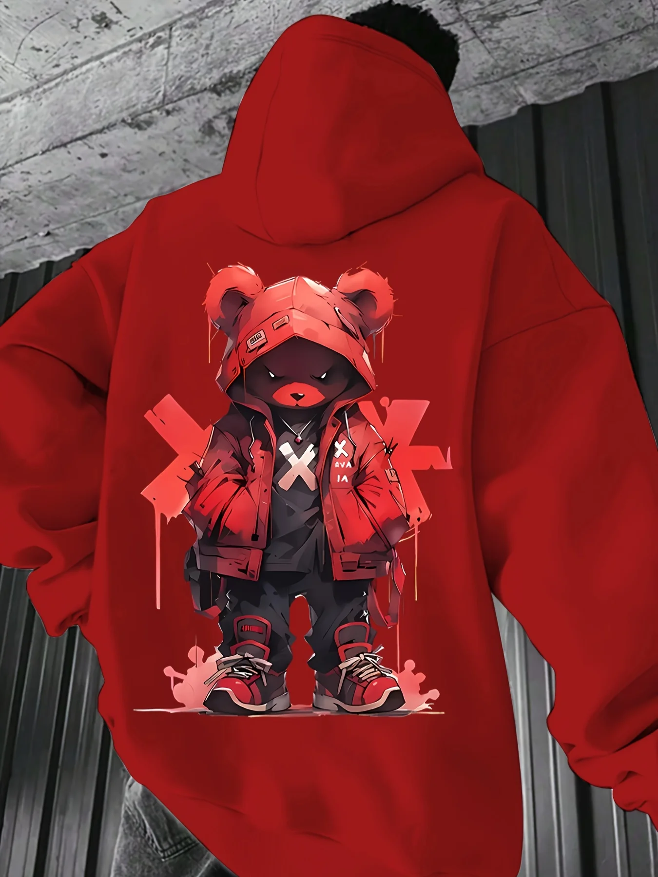 Herren-Hoodie mit Schwarzer OG-Bären-Grafik, Rotem X-Design und Drip-Effekt, Streetwear-Pullover für Urbane Mode – Detail 2