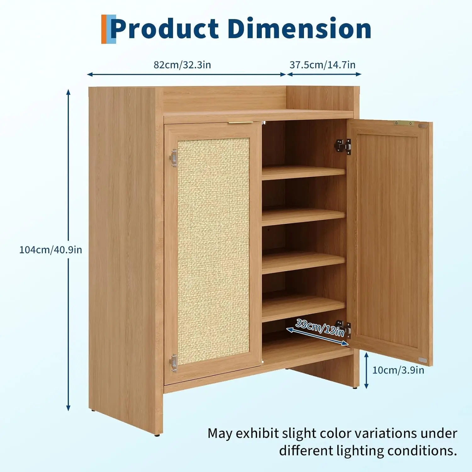 Rattan Shoe Cabinet for Entryway, Wooden Shoe Storage Cabinet with Adjustable Shelves, Freestanding Shoe Rack with Guardrail Top for Hallway & Living Room