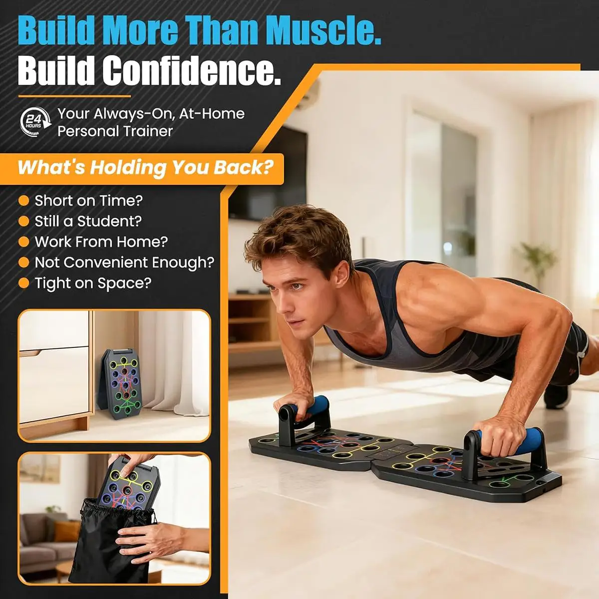 Multifunctional 28-Hole Push Up Board System Portable Home Gym Exercise Equipment for Chest Arms Core Training Includes Resistance Bands Upper Body Muscle Building Workout Fitness Tools for Men Women