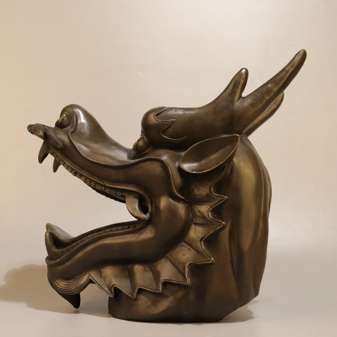 

10"Tibetan Temple Collection Old Brass Chinese Loong Statue Dragon Head Statue Divine Beast Ornaments Town house Exorcism