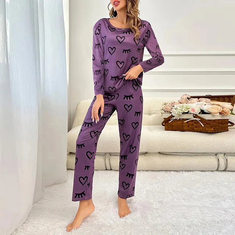 Women's Leisure Time Pajamas Set Heart Shaped Eyelash Print Long Sleeves Tops & Trousers Pijama Comfortable Loungewear & Pyjamas