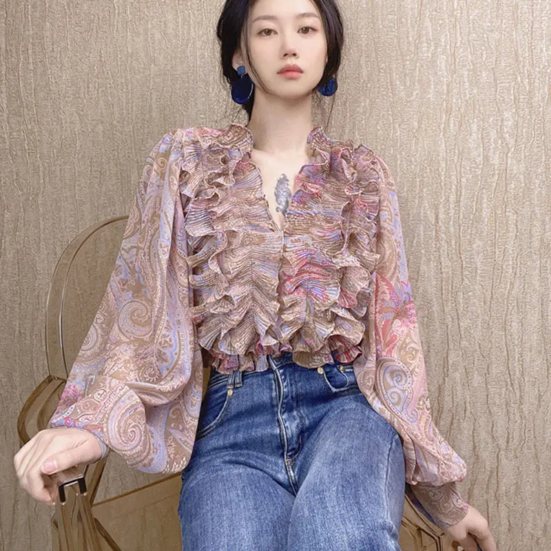 Vintage V-neck Long Sleeved Floral Temperament Shirt Women2024 Spring Ruffles Y2K Chiffon Shirt Large Size Bishop Sleeve Tops