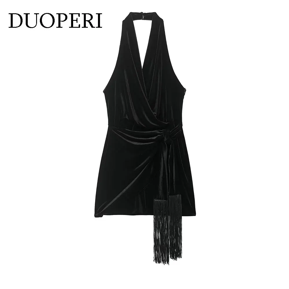 DUOPERI Women's With Tassel Black Backless Side Zipper Mini Dress Vintage Halter Neck Sleeveless Female Elegant Chic Dresses