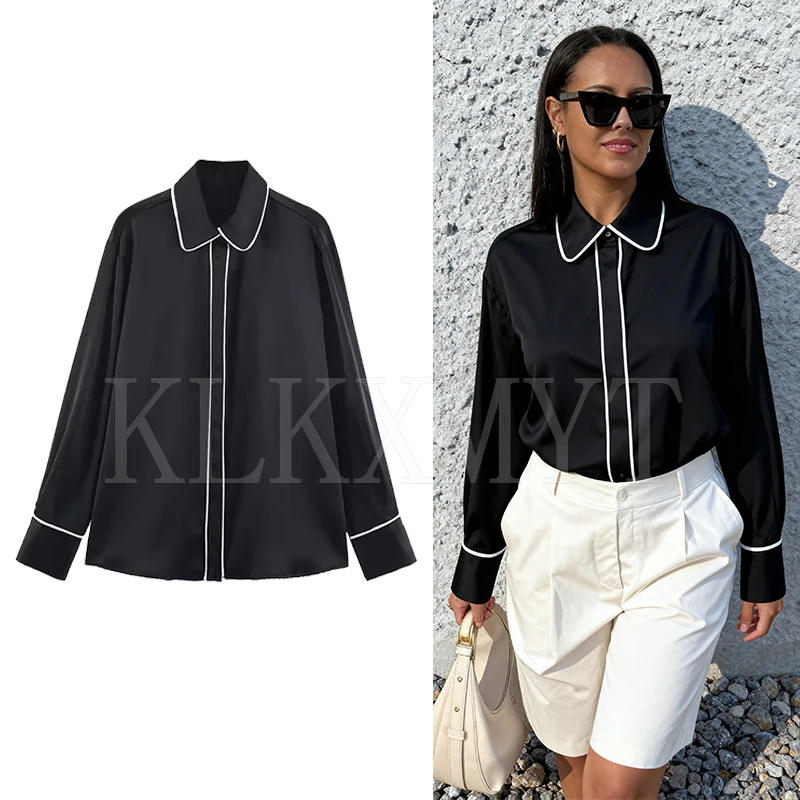 

Chic Fashion Black Satin Shirts for Women 2025 New Long Sleeve Women's Streetwear Casual Shirt And Blouse Top ﻿